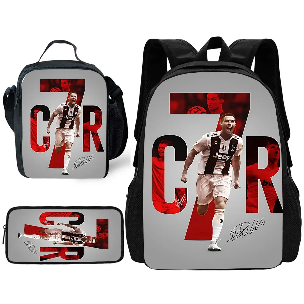 sac à dos de football r-ronaldos cr7 pour enfants, avec sacs à déjeuner, sacs à crayons, sacs d'école pour garçons et filles, meilleur cadeau