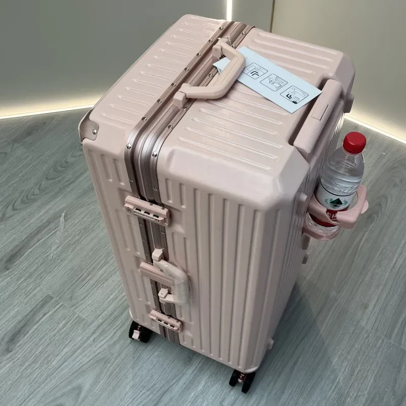 nouvelle valise cadre en aluminium bagage roulant avec porte-gobelet porte-cabine matériau pc valise sur roulettes grande capacité