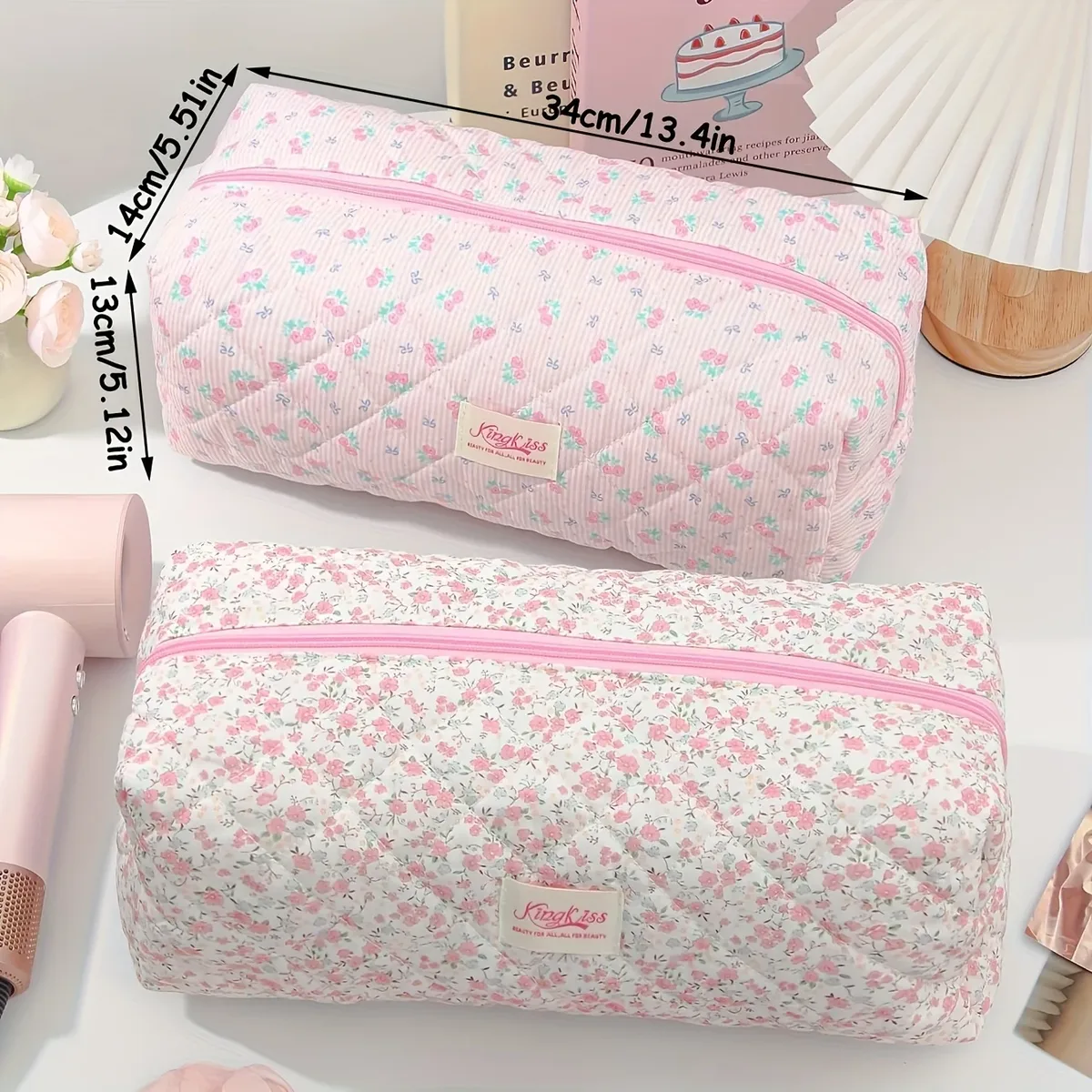 sac de rangement de beauté de voyage de grande capacité de style coréen, mignon, à motifs floraux, pour sèche-cheveux et fer à friser, avec rangement pour le maquillage