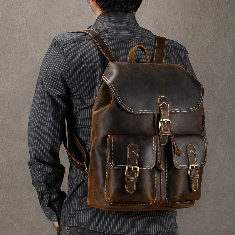 luufan – sac à dos vintage en cuir véritable pour hommes, sac de jour seau en cuir de cheval fou, sac de voyage masculin de grande capacité, sacs d'école
