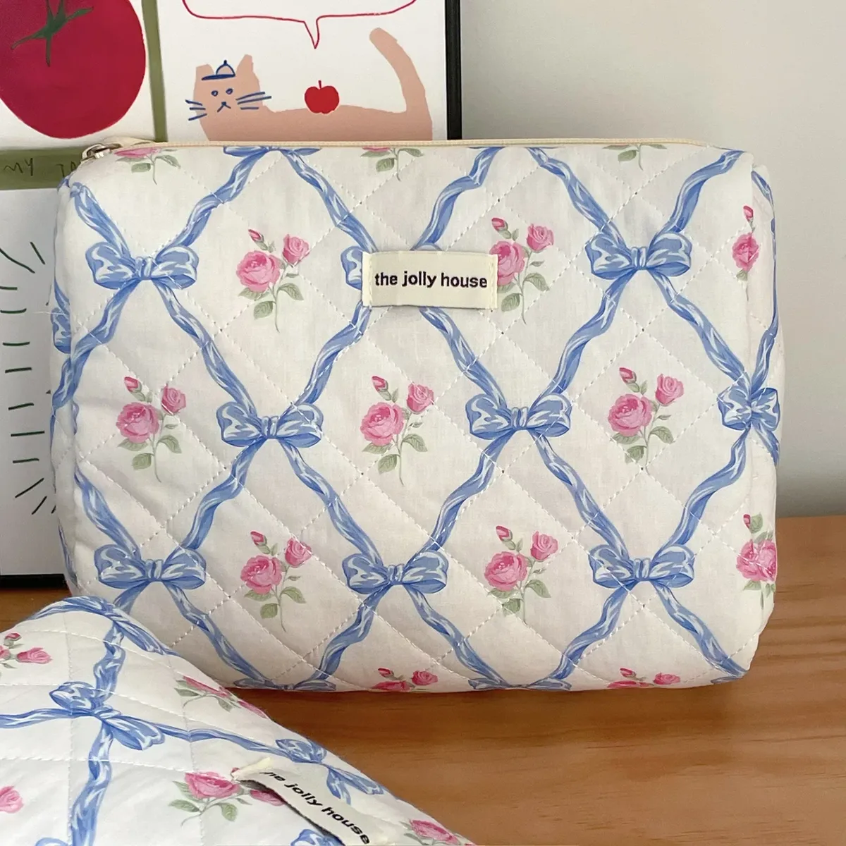 trousse de toilette portable avec fermeture éclair pour femme, trousse de maquillage, sac à main, courtepointe, coton, mignon, nœud, fleur, femme, évaluation, gril, cosmétique, filles
