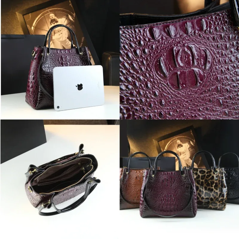 sacs à main rétro en cuir véritable pour femmes, sac fourre-tout à imprimé crocodile, sacs de messager initiés, tendance de la mode, nouveau, e27, 2025