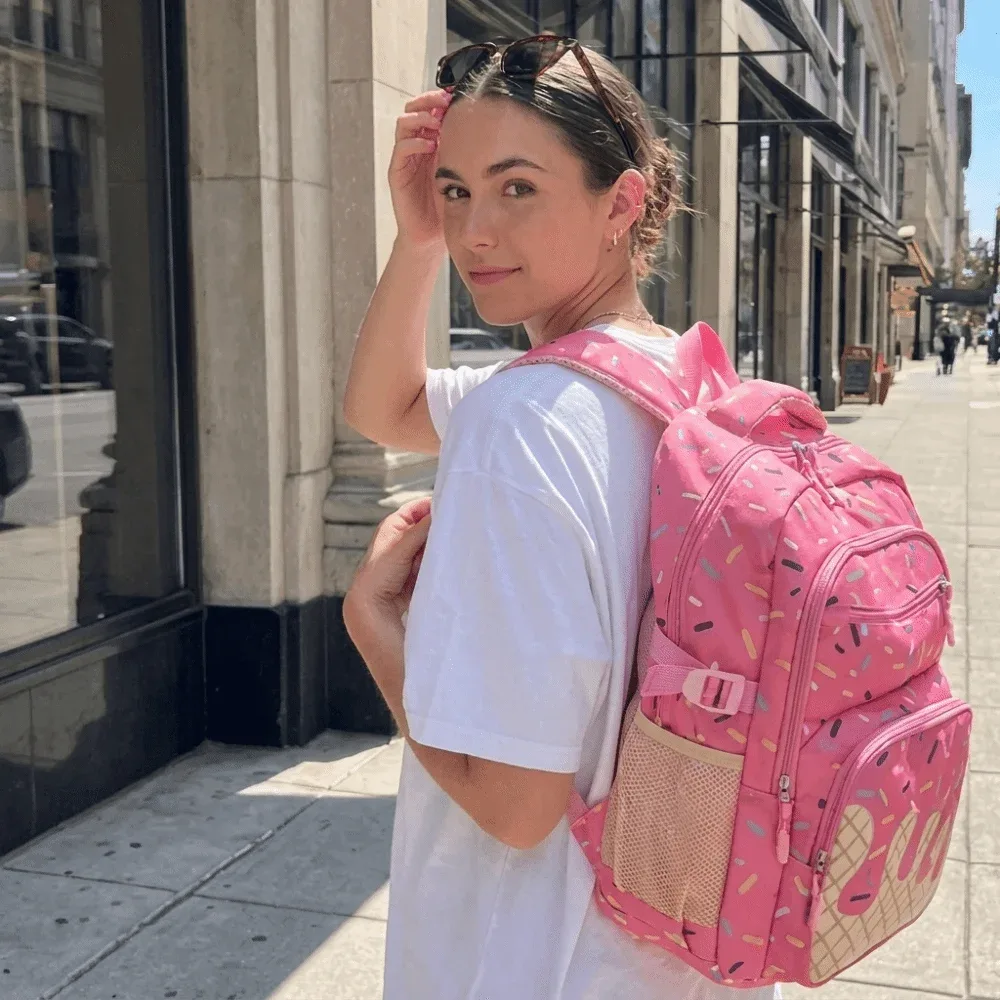 sac dos oxford imprimé glace vanille perles colorées rose bleue pochette poignée fermeture glissière usage etudiant scolaire sortie quotidienne