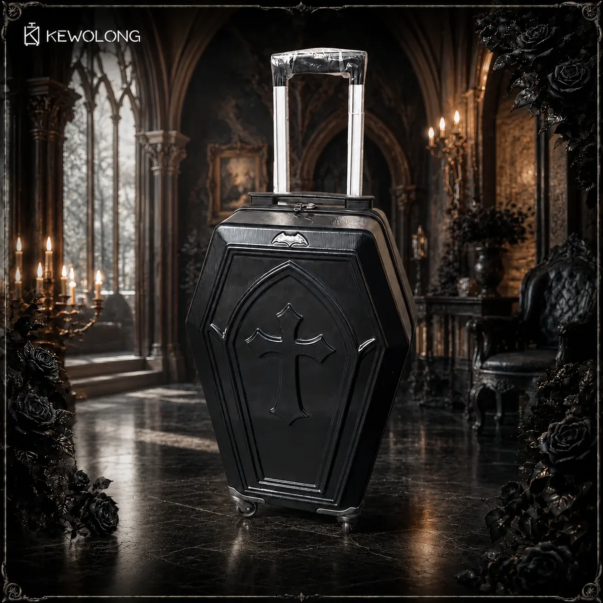valise gothique, valise en forme de cercueil, sac à roulettes gothique, valise de style alternatif, valise de voyage pour halloween, valise à motifs en relief.