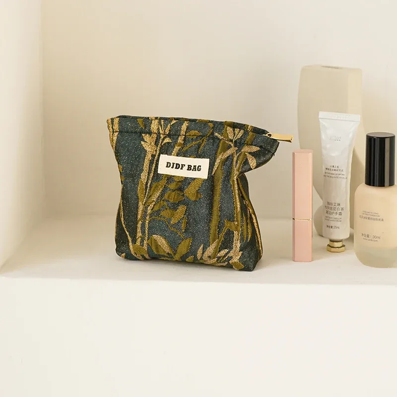 trousse de maquillage pour femmes, imprimé noble, fleurs dorées, grande capacité, rouge à lèvres, coussin d'air, sac de rangement, trousse de toilette de voyage portable