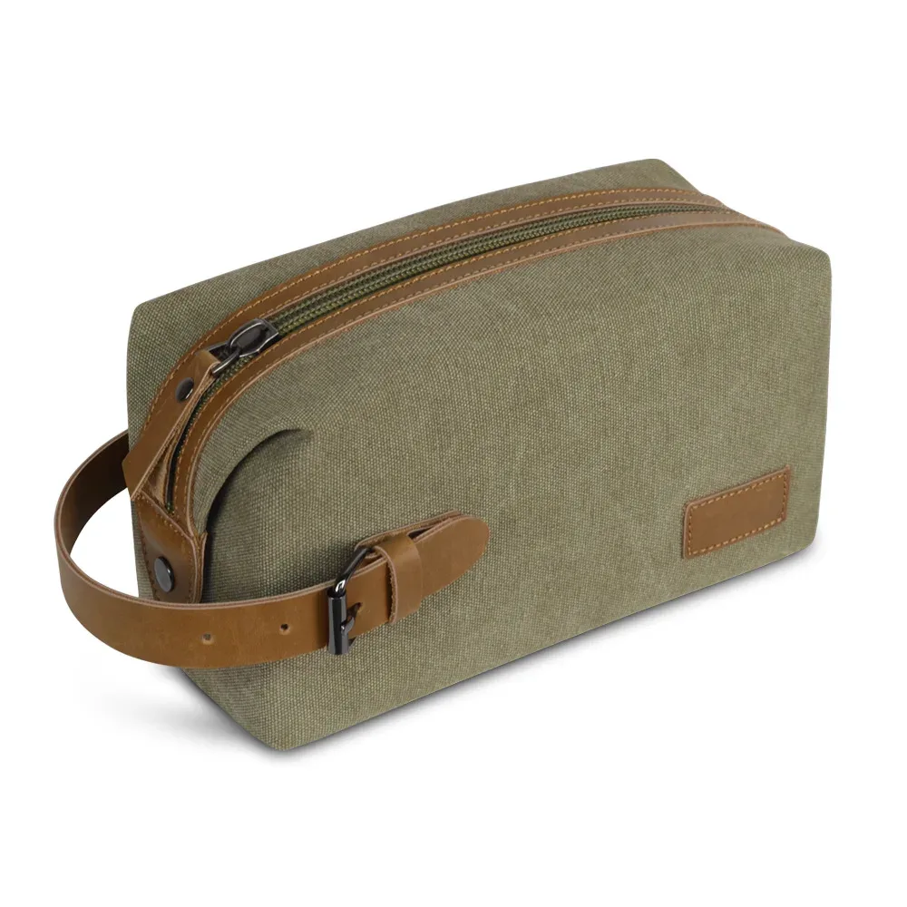 trousse de maquillage rétro de grande capacité, toile portable avec coutures en cuir de cheval fou pour hommes et femmes