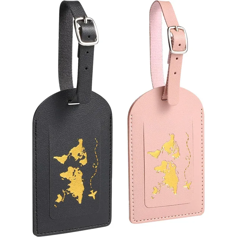 étiquette bagage cuir rose pâle doré carte monde voyage identité bagage fixation anneau métallique espace inscription nom adresse ville pays