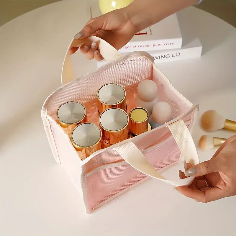 nouvelle trousse de toilette coréenne en maille tissée pour femmes, sac de rangement portable pour produits de soin de la peau, sac de voyage, trousse de maquillage pour la salle de sport et la douche.