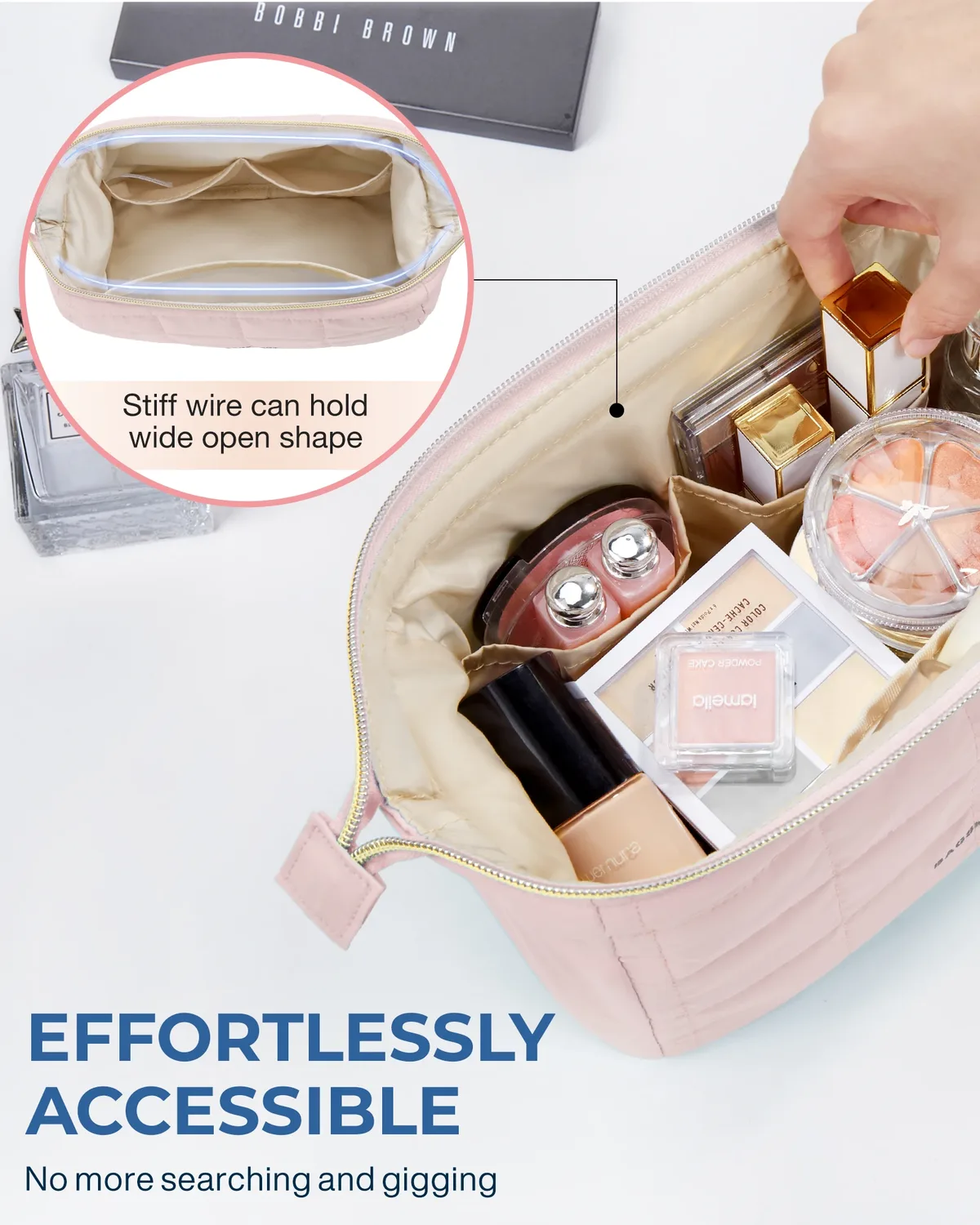 trousse toilette cosmétique taslan rose motif coutures quadrillées rectangulaire glissière dorée voyage femmes maquillage