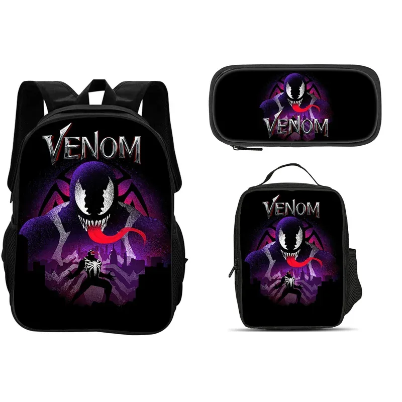 ensemble de 3 pièces du film venom : sac à dos + sac à lunch + trousse à crayons, papeterie de voyage à la mode, cadeau pour enfants, école, polyvalent