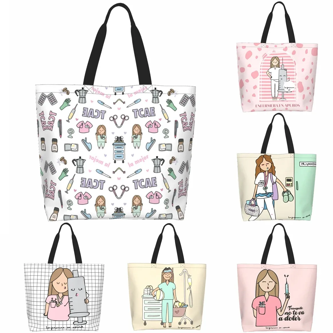 Dessin animé médecin infirmière Enfermera En Apuros sacs d'épicerie grande capacité esthétique Merch pour femme rue sac à bandoulière