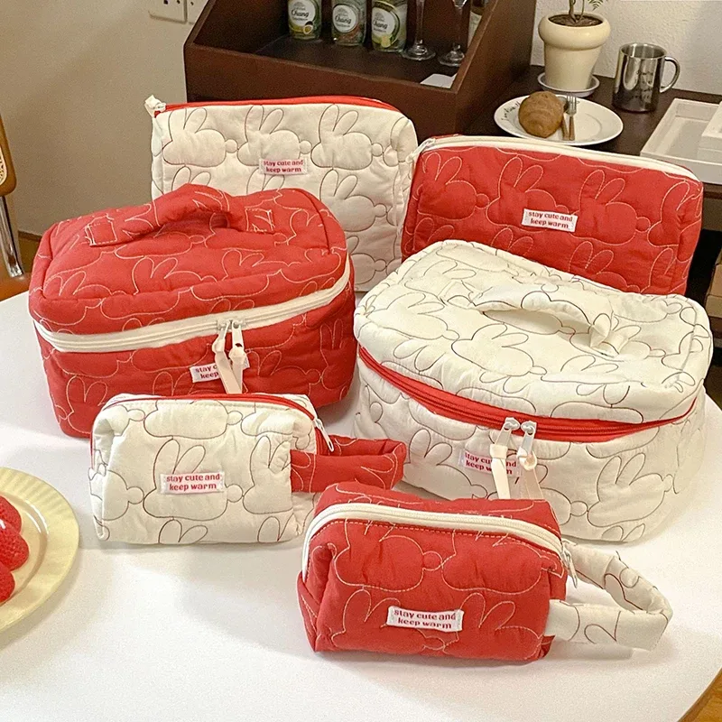 mignon femmes portable lapin matelassé coton sac cosmétique sac à main dame fourre-tout pochette de maquillage organisateur de voyage sacs de rangement avec fermeture éclair