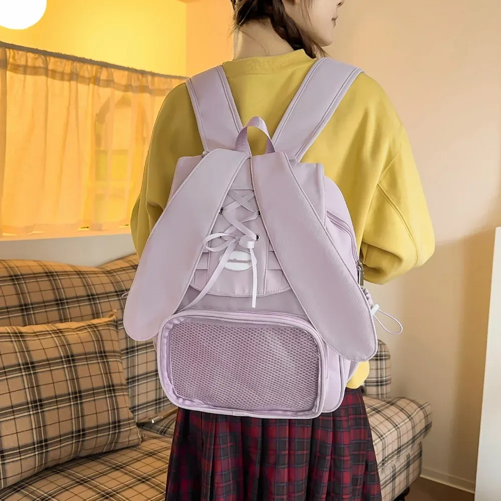 sac à dos transparent pour femmes et adolescentes, style ita bag avec oreilles de lapin et nœud, mignon