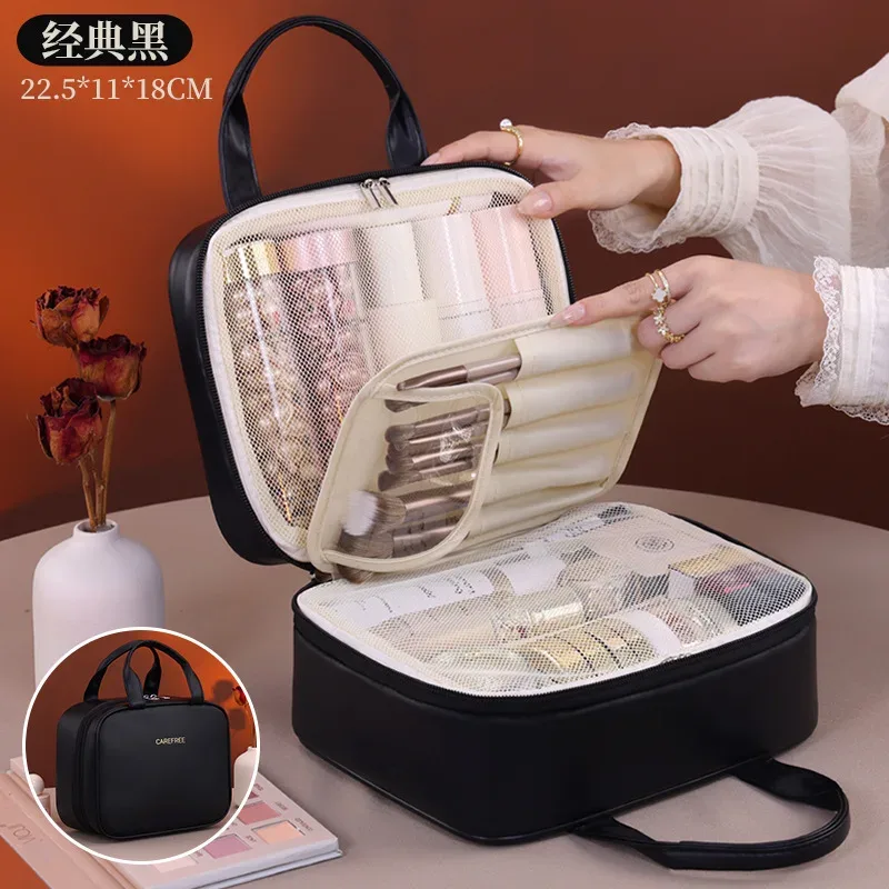 sac de rangement de cosmétiques à deux étages, espace de rangement surdimensionné avec poignées et plusieurs poches, trousse de toilette en matériau pu