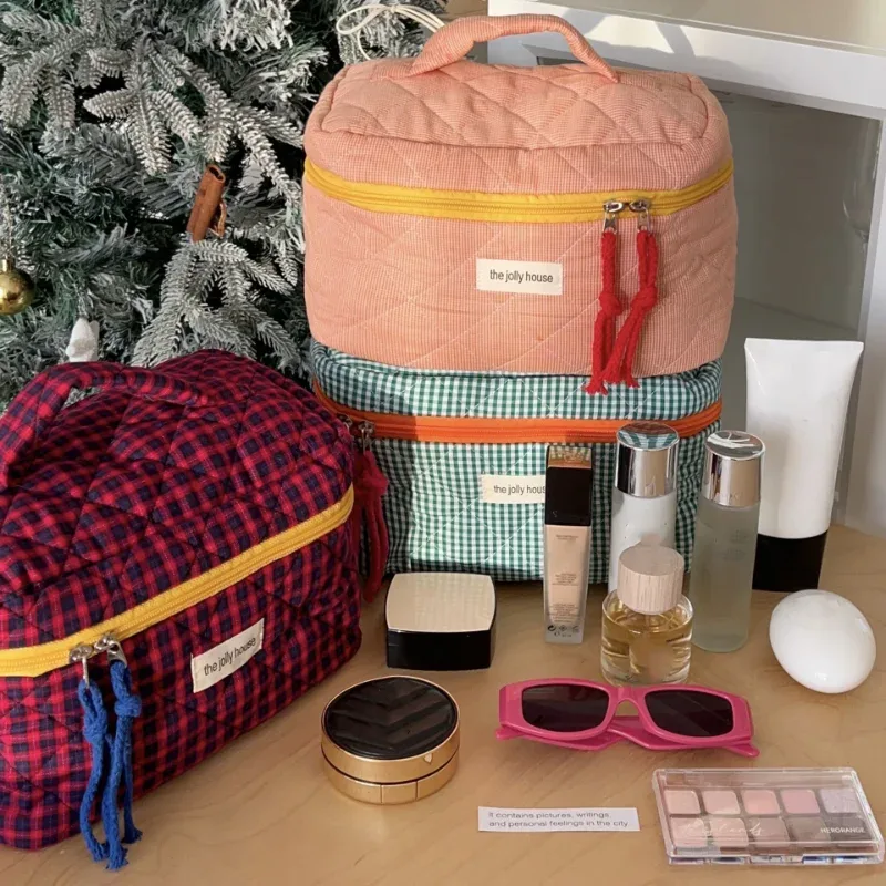 sac de maquillage à carreaux bloquant les couleurs pour femmes, sac de rangement pour pinceaux de maquillage de grande capacité, trousse de toilette pour soins de la peau