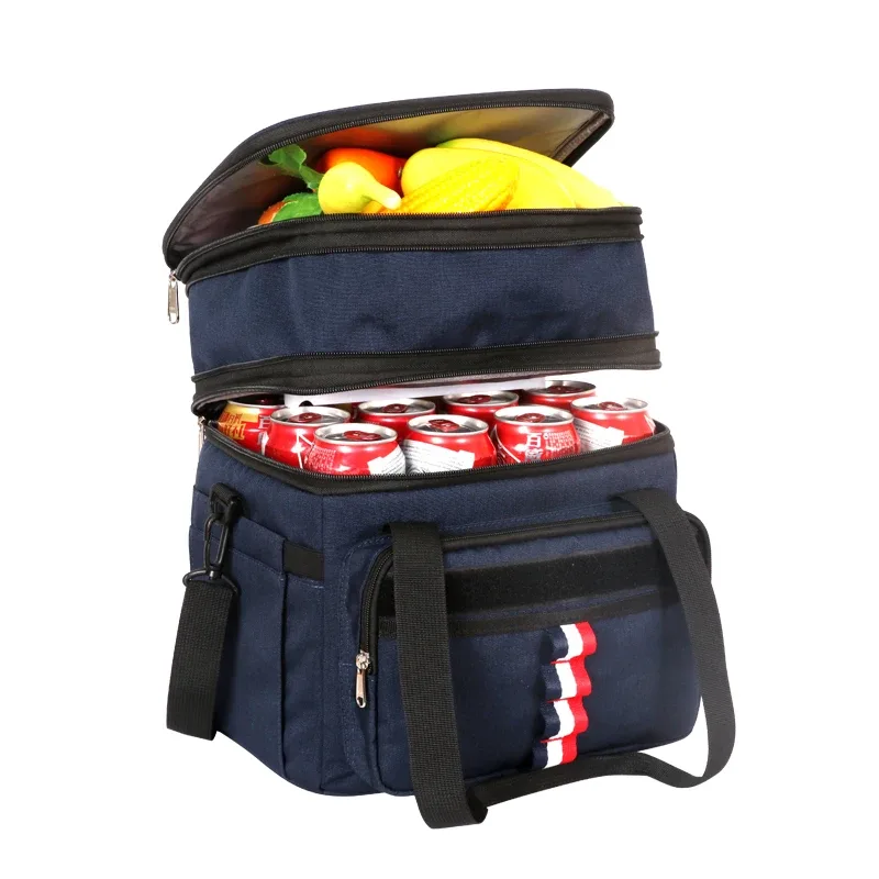sac dos isolement polyester bleu bandes noires blanches poignées sangle latérale compartiment intérieur gris conserver aliments frais voyage
