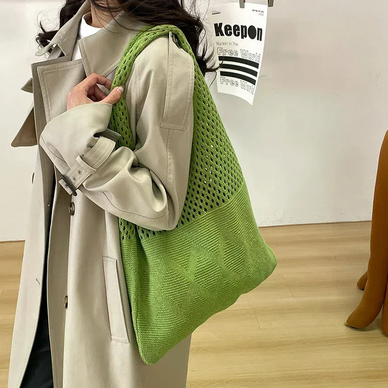 sac de rangement portable en fil tricoté style rétro, grande capacité, sac à bandoulière décontracté, sac de shopping, sac fourre-tout pratique, sac à main