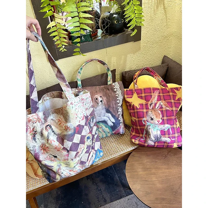 elfsack 2025 automne nouveauté y2k coloré peint à la main animal sac fourre-tout original art impression toile sac à bandoulière pour femme