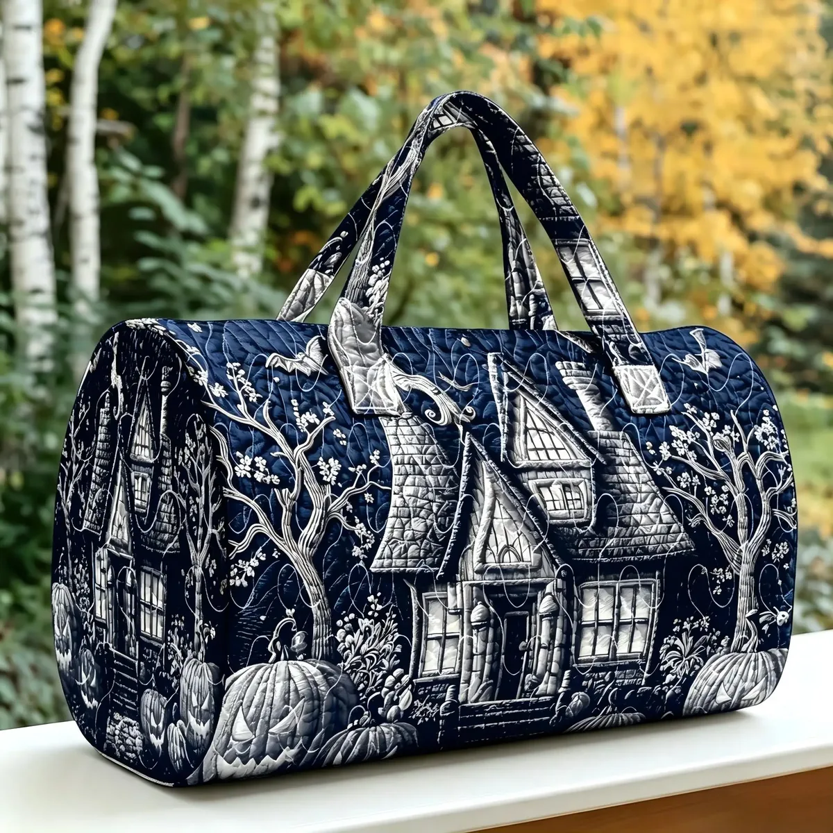 sac de voyage matelassé halloween, motif château fantôme, sac de week-end grande capacité, sac de voyage d'automne, sac de sport, sac de nuit pour femme, sac fourre-tout pour courts séjours.
