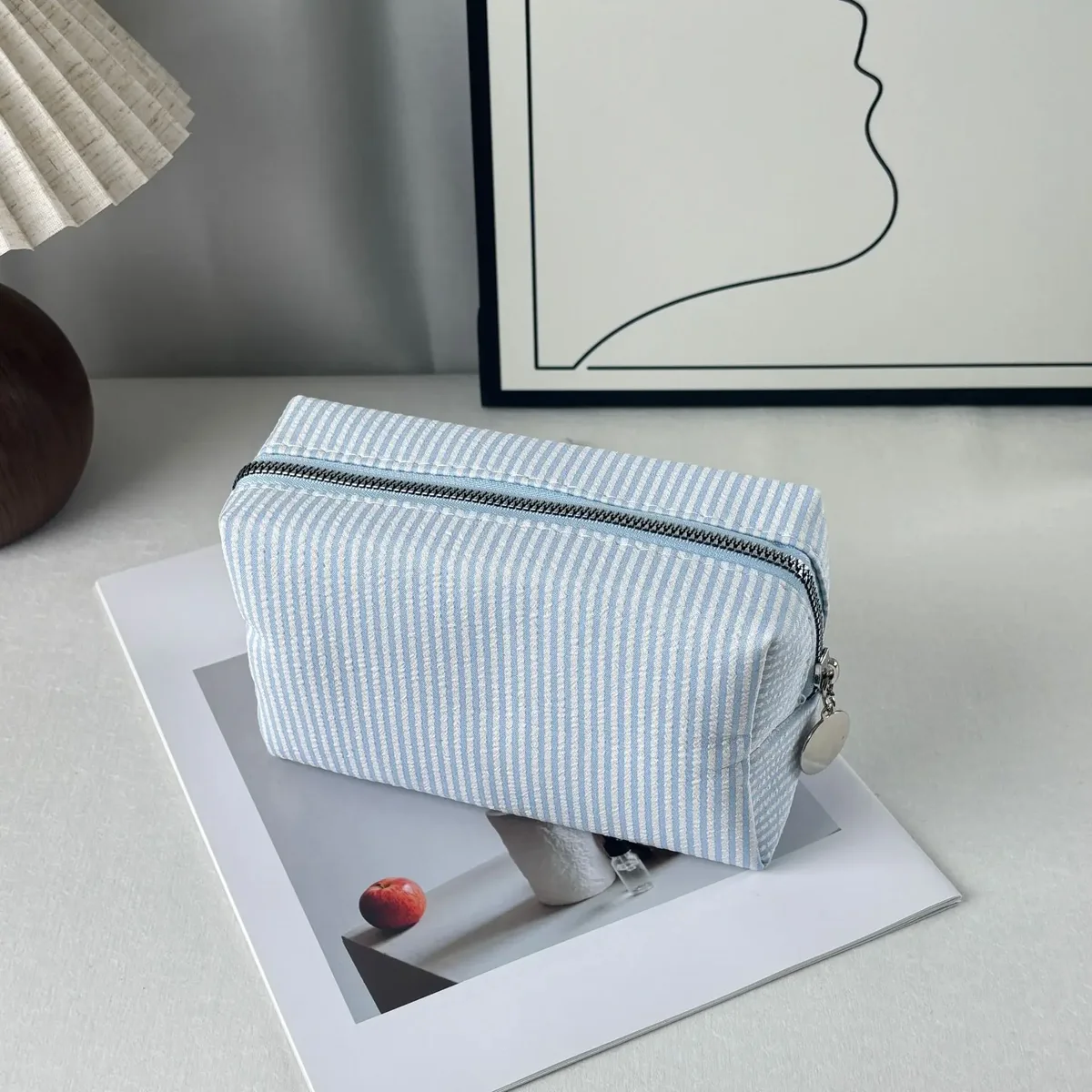 trousse de toilette rayée en mousseline bulle, sac de voyage portable, grande pochette de rangement pour maquillage, trousse de maquillage pour étudiant