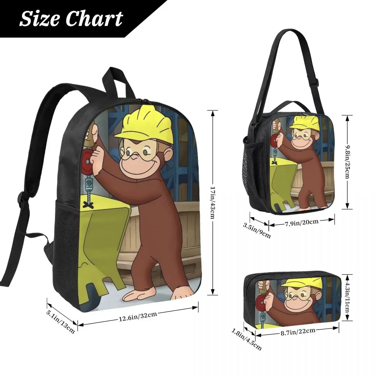 sac à dos anime curious george monkey, sac à livres pour étudiants, sac d'école, sacs à bandoulière pour ordinateur portable, sac à déjeuner isotherme, trousse à crayons, 3 pièces