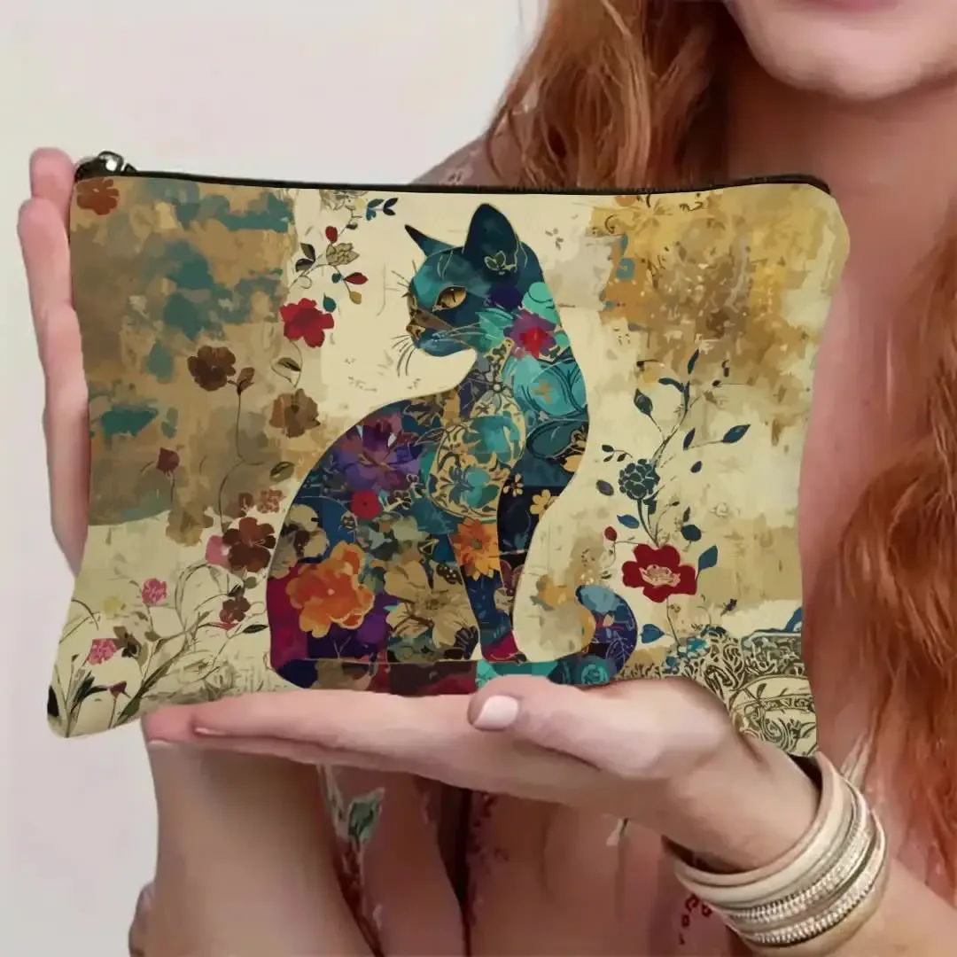 trousse de maquillage légère en polyester à motif de chat floral vibrant avec pochette cosmétique de voyage à fermeture éclair pour femmes, fleurs de design artistique
