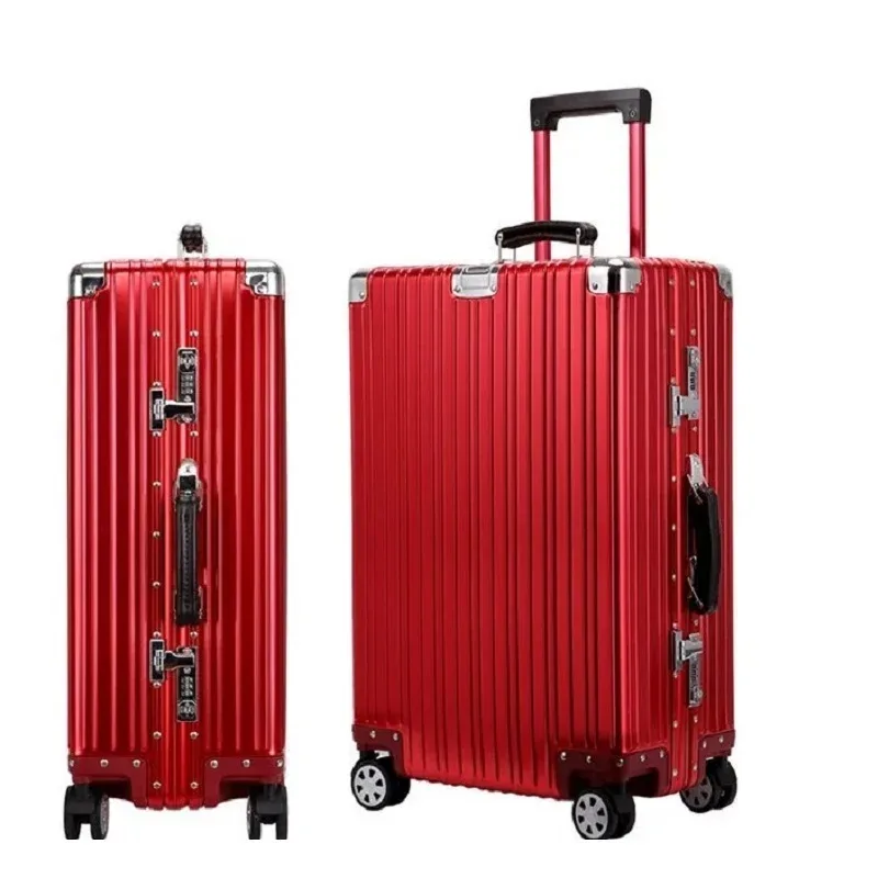 valise vintage en alliage d'aluminium-magnésium de qualité supérieure, bagage à roulettes de voyage léger de 20/24/26/29 pouces avec poignée en cuir