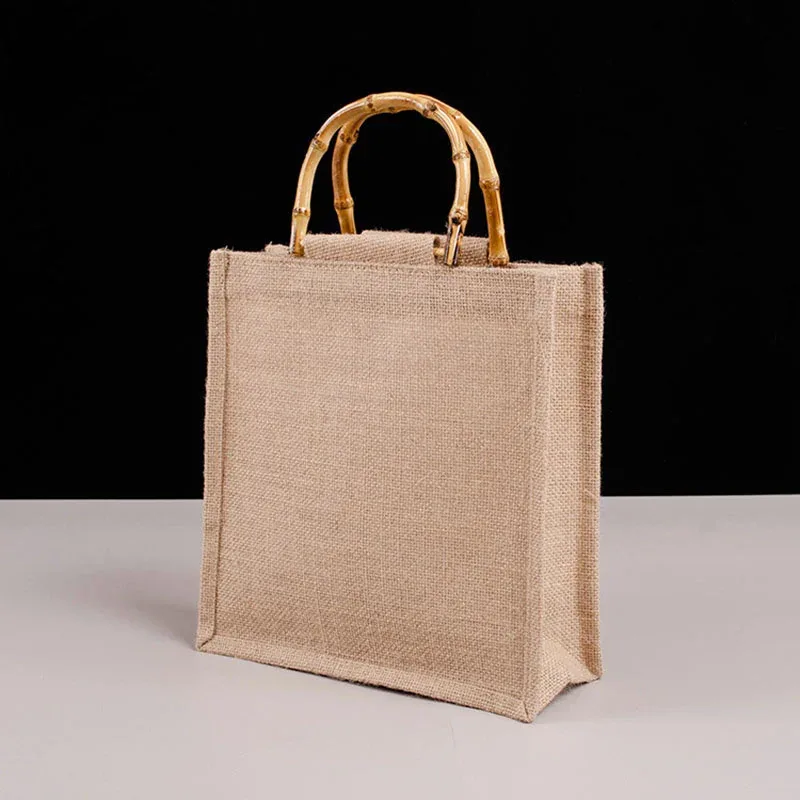 sac fourre-tout en toile de jute imperméable vintage, sacs en bambou, sac à main beige décontracté de grande capacité, sacs de plage portables, sacs d'évaluation de voyage