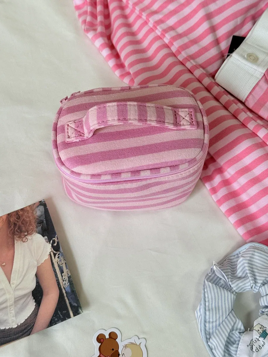trousse de maquillage rose rayée pour femme, sac de voyage cosmétique portable vintage avec miroir et fermeture éclair, pochette de toilette mignonne et douce pour filles