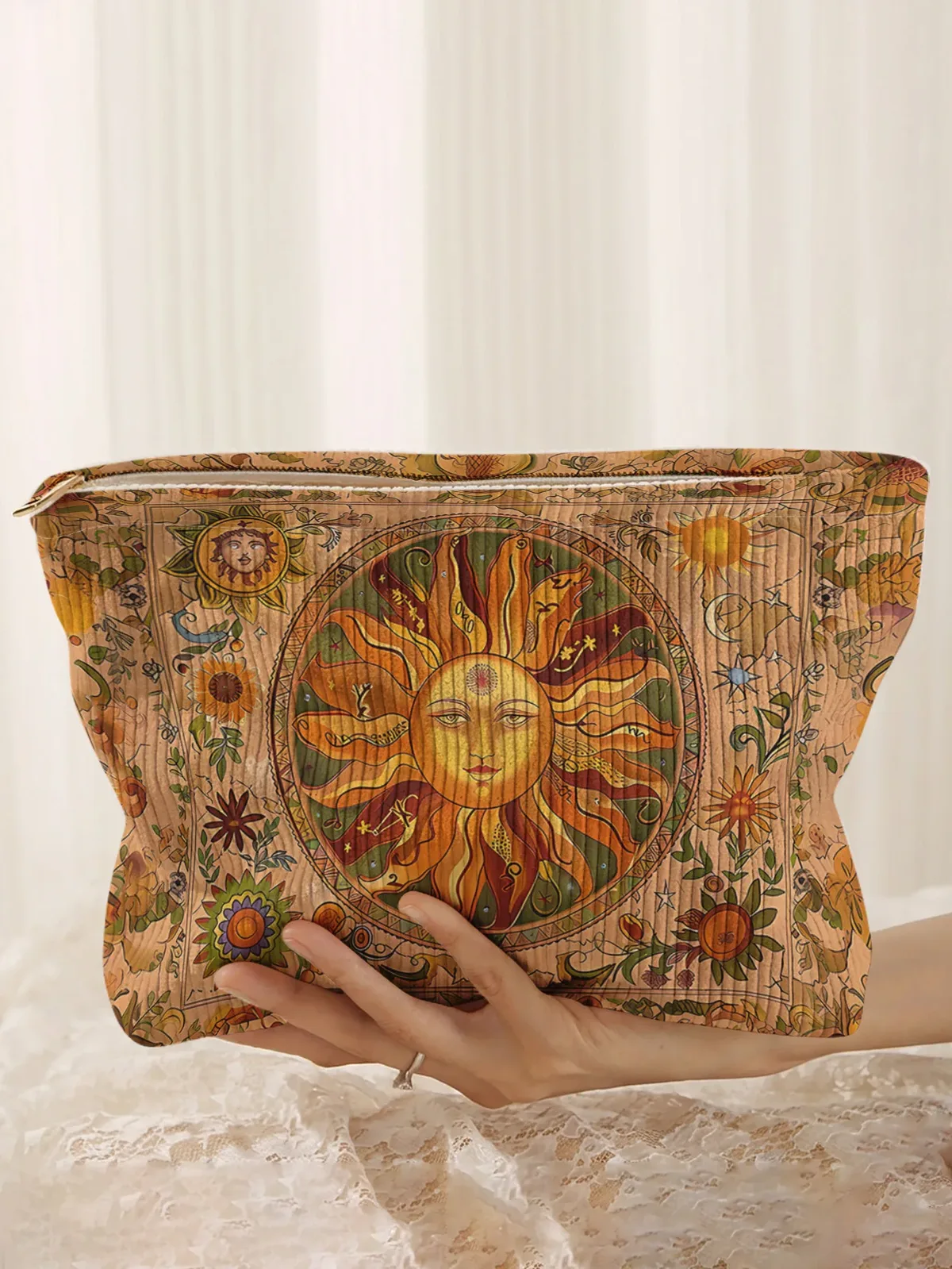 pochette à maquillage vintage bohème en velours côtelé imprimé soleil et fleurs, pochette légère à fermeture éclair, trousse de toilette multifonctionnelle doublée