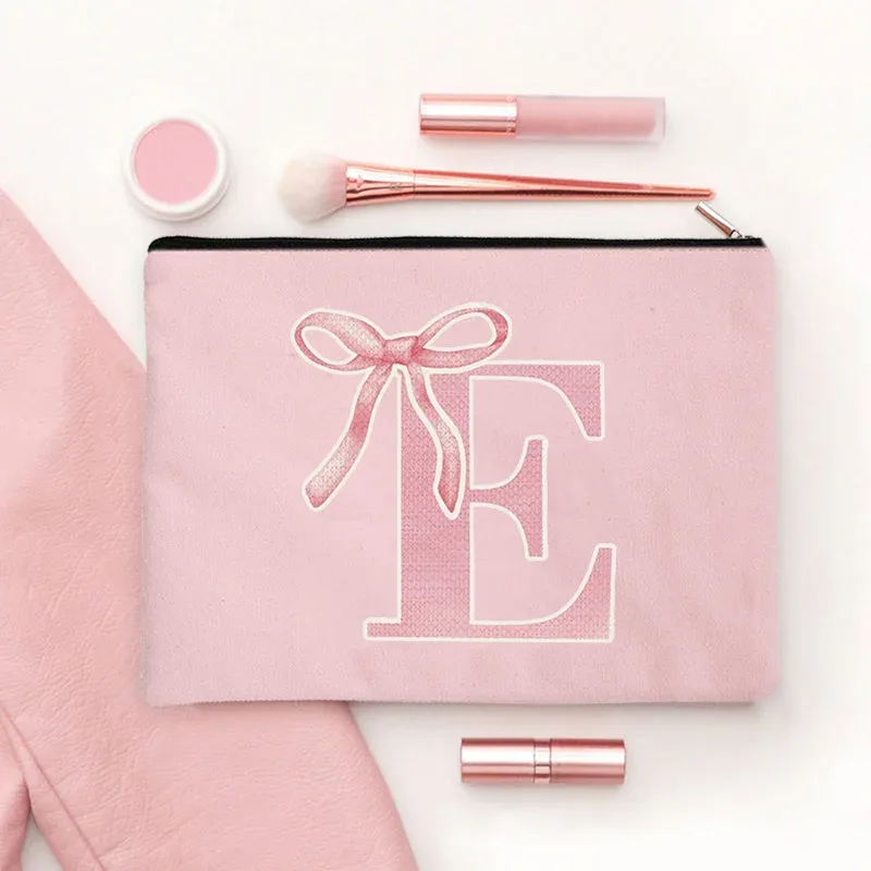 trousse de maquillage rose avec lettre initiale pour filles, poudres cosmétiques à fermeture éclair pour gorl'école de beauté, la remise des diplômes, le voyage, l'évaluation, la trousse de toilette