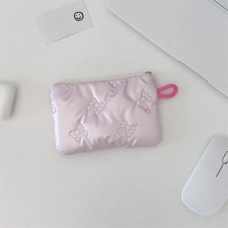porte-monnaie à motif de nœud argenté pour femme, portefeuille pour écouteurs, pochette à fermeture éclair, trousse à cosmétiques en poudre, prédire