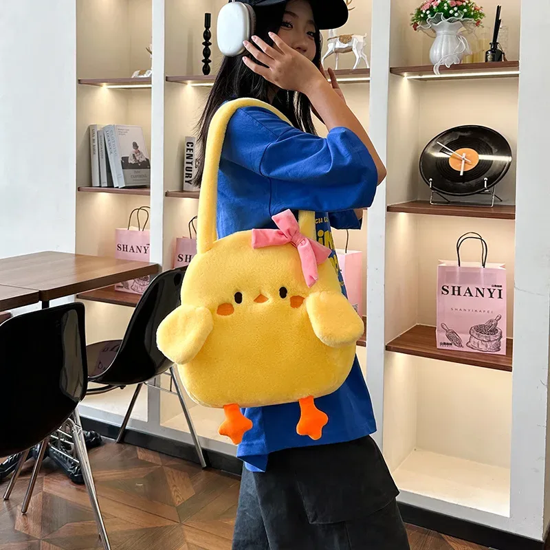 Kawaii petit canard jaune arc sac à bandoulière dessin animé Animal sac à provisions en peluche sac à main grande capacité noël anniversaire