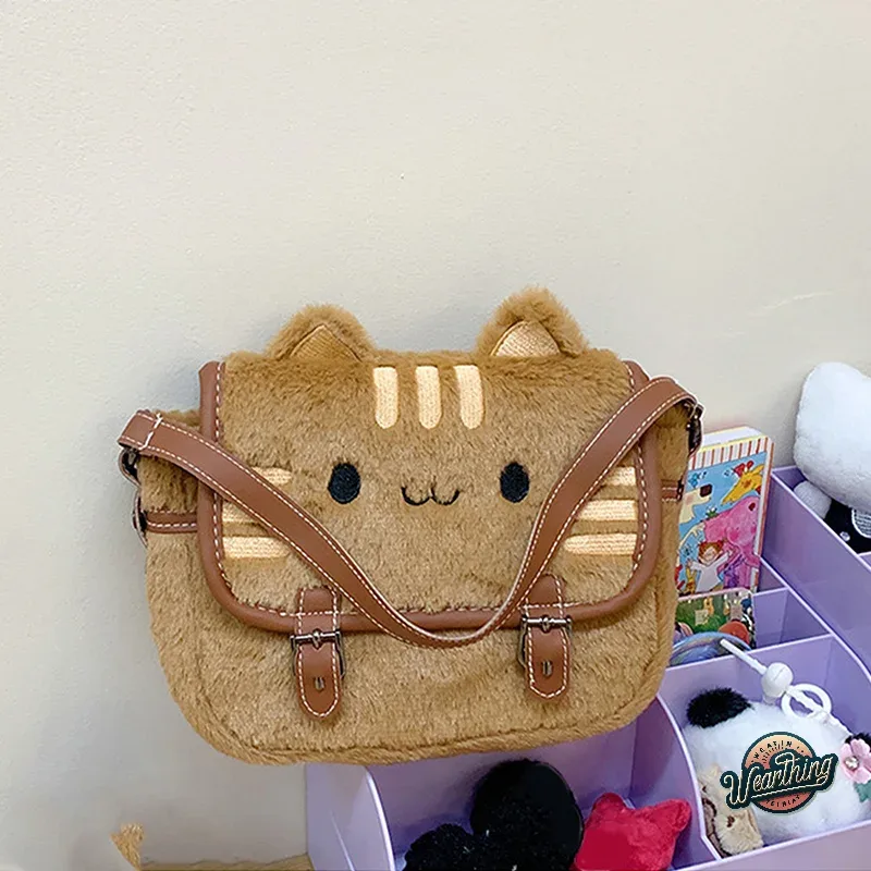 sac messager en peluche pour femme, joli sac à main de dessin animé, visage de chat mignon, sacs à bandoulière initiés