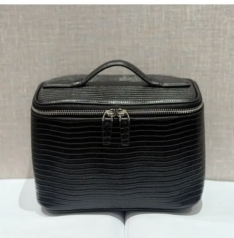 nouvelle trousse de maquillage en cuir véritable à motif lézard, grande capacité, personnalisable avec initiales, sac de voyage portable pour femmes
