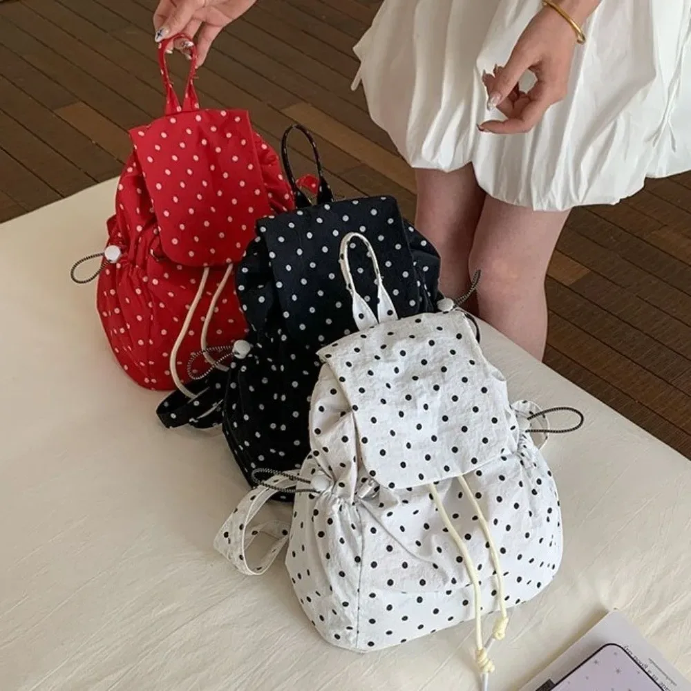 sac à dos à pois multi-poches avec cordon de serrage, style coréen polyvalent, sac à dos de jour en tissu grande capacité, idéal pour les affaires