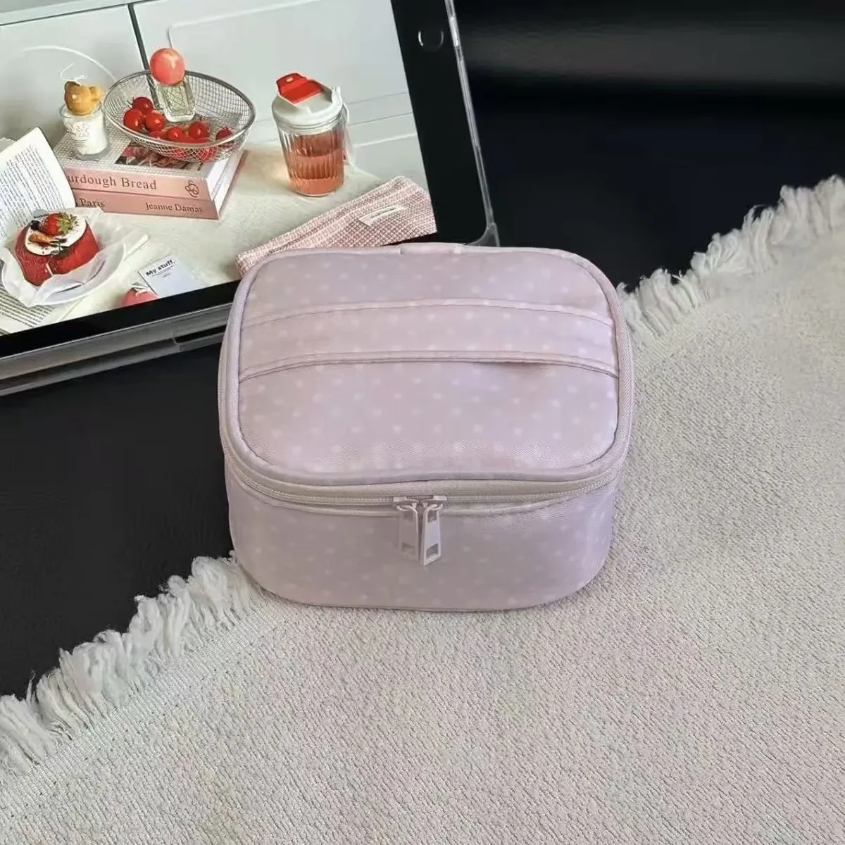 trousse de maquillage grande capacité à pois pour femme, sac de rangement cosmétique portable de voyage, trousse de toilette multifonctionnelle rose style ins
