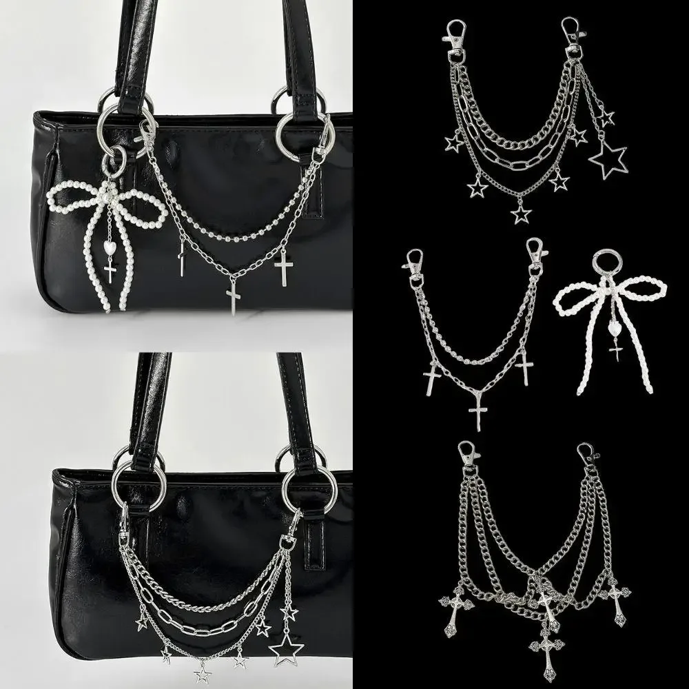 chaîne de sac en métal multicouche y2k, pendentif étoile, chaîne de sac à bandoulière punk rétro pour sac à main, accessoires de sac à nœud papillon en perles