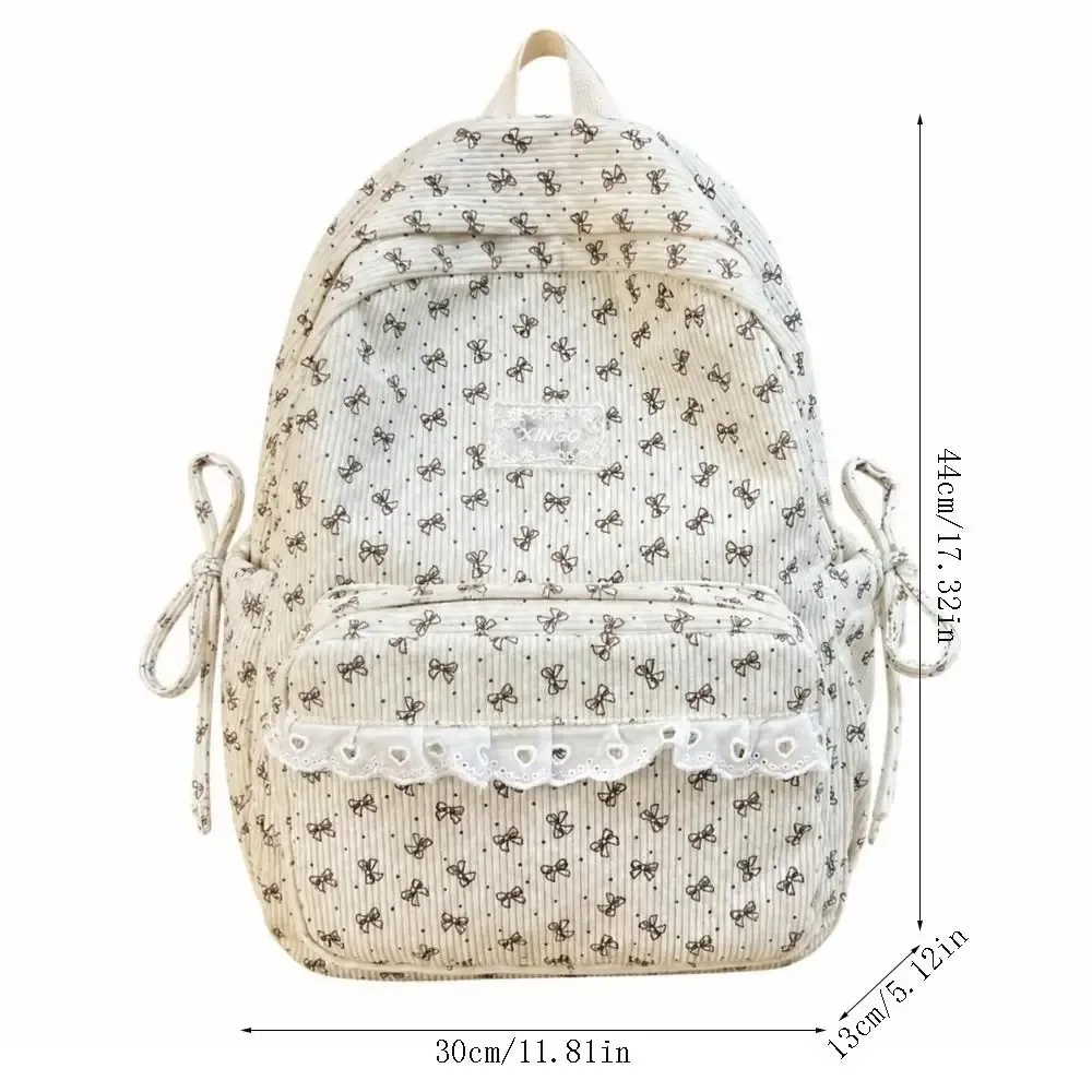 sac à dos en velours côtelé de style coréen, style preppy, grande capacité, sac à dos pour étudiants, bordure en dentelle, nœud papillon, motif à pois