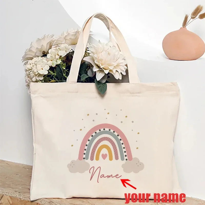 sac fourre-tout en toile personnalisé pour enfants, sac à bandoulière avec nom personnalisé, imprimé lapin arc-en-ciel, cadeau pour enfants, rentrée scolaire