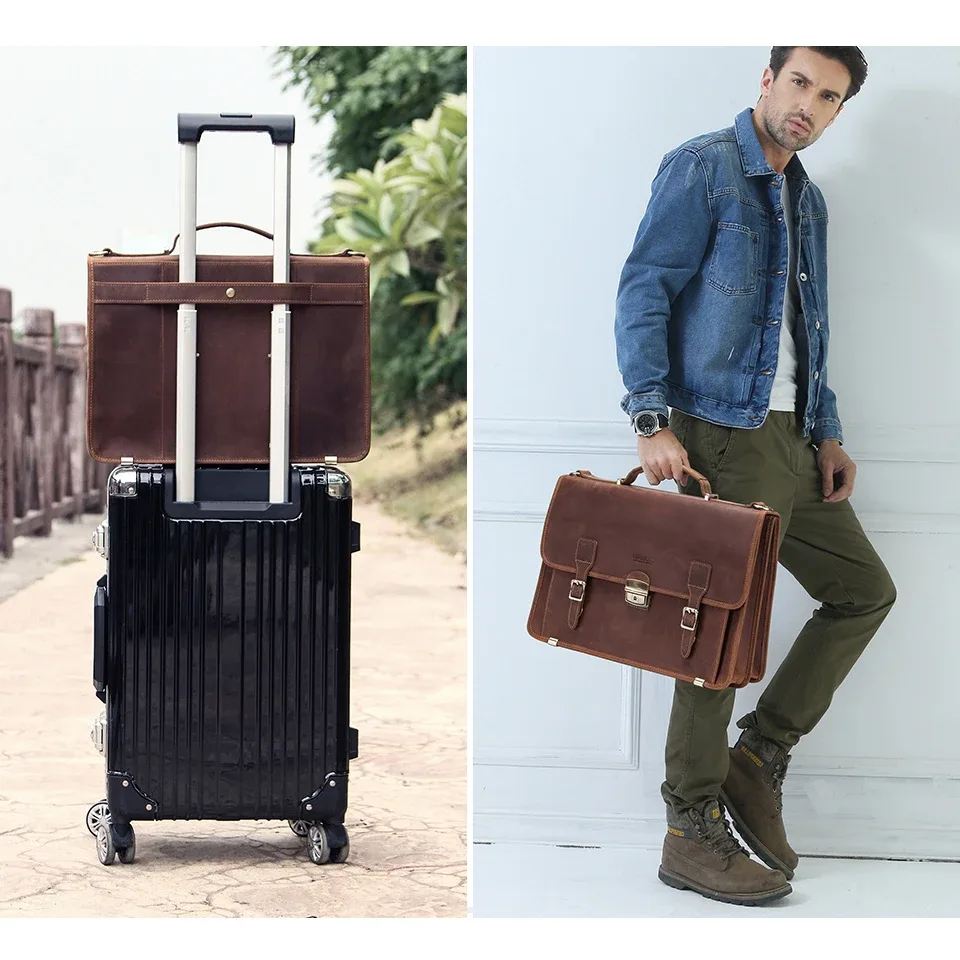 porte documents cuir vrai crazy horse marron foncé accents dorés compartiments poignées robustes sac main bandoulière voyage bureau