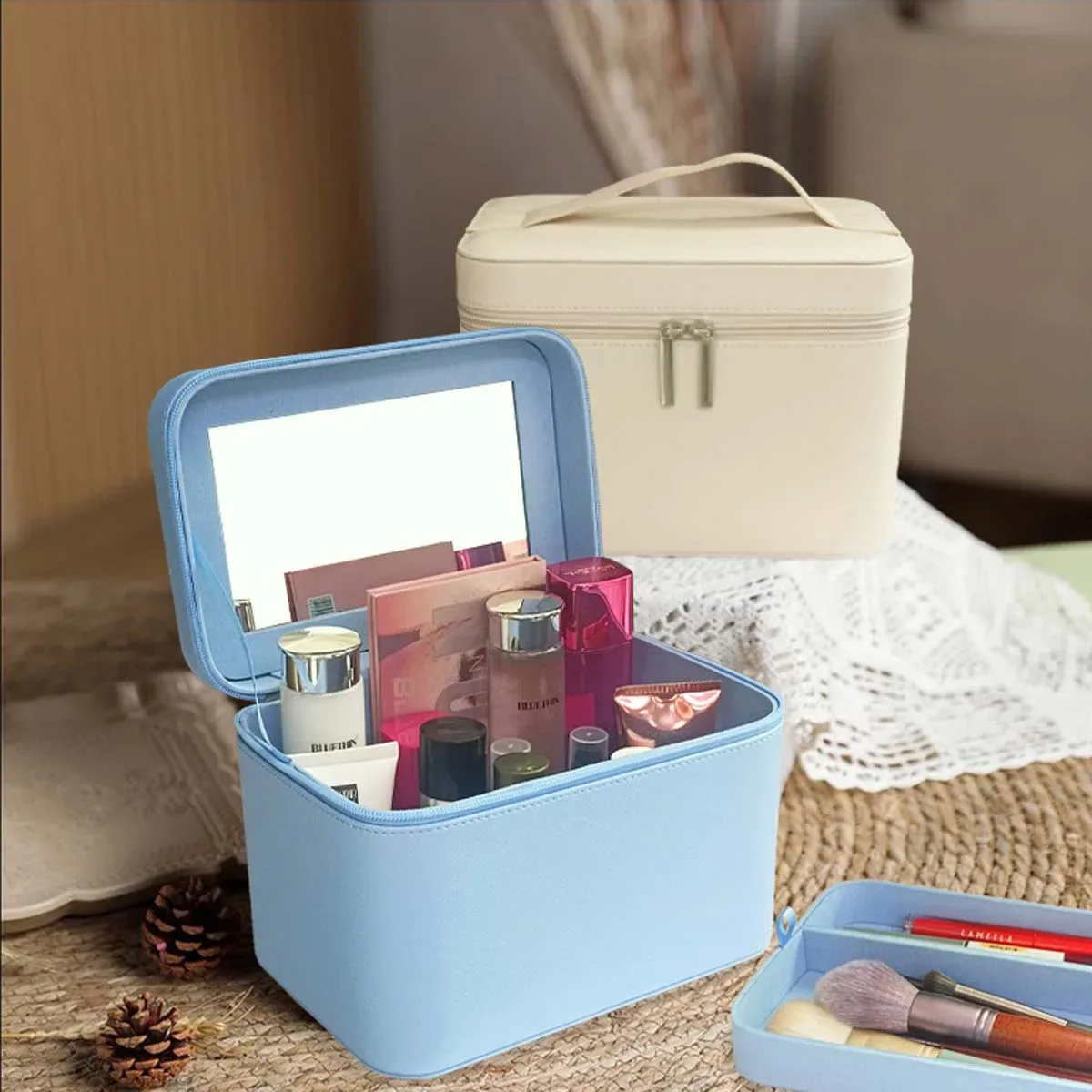 trousse de maquillage avec grand miroir, sac de voyage portable, grande capacité, boîte de rangement simple pour cosmétiques avec plateau miroir
