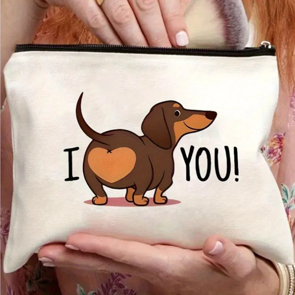 trousse de maquillage amusante en forme de derrière de teckel – adorable chiot marron avec « i you ! » sac à main mini sans fermeture éclair pour femmes, taille s, pour enseignantes