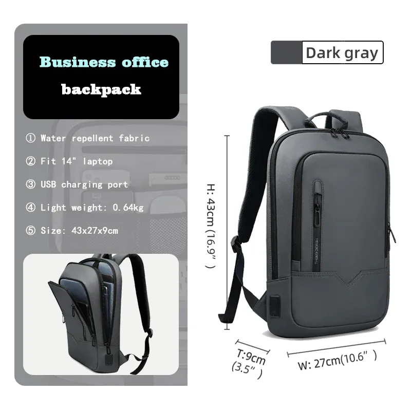 hcankcan-sac à dos mince pour homme, sacoche pour ordinateur portable 14 pouces, business, multifonctionnel, étanche, école, unisexe, décontracté, voyage, noir
