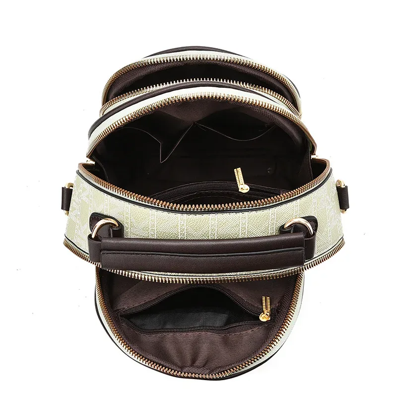 sac dos cuir similicuir vert motif géométrique pomponne métallique bandoulière amovible compartiment intérieur fermeture éclair polyvalent voyage