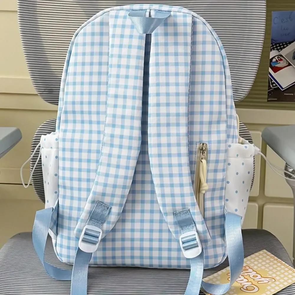 sac à dos tendance à pois, motif écossais, finition dentelle minimaliste, grande capacité, léger, pour étudiants, usage scolaire et voyage