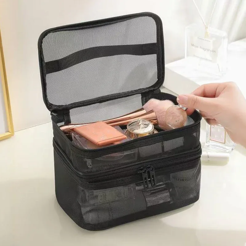 pochette cosmétique portable en maille, grande capacité, organiseur de toilette, sac de rangement multifonctionnel pour maquillage de voyage