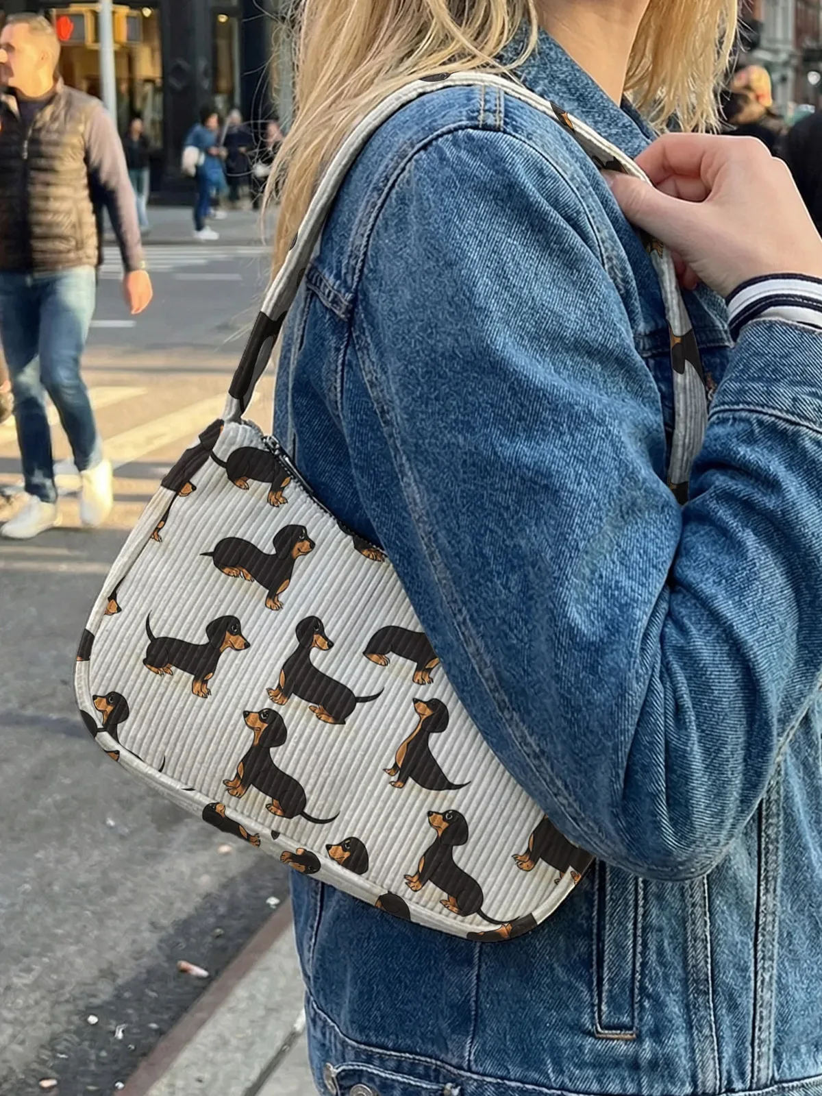 sac à bandoulière tendance à imprimé teckel, sac sous le bras en velours côtelé beige pour un usage quotidien décontracté