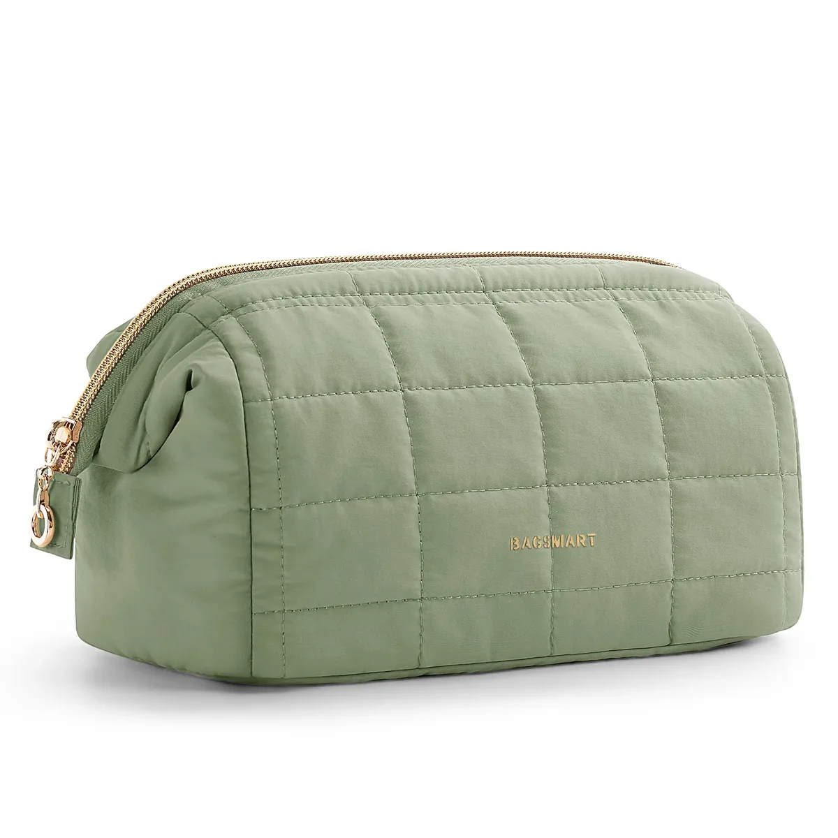 trousse toilette cosmétique taslan rose motif coutures quadrillées rectangulaire glissière dorée voyage femmes maquillage