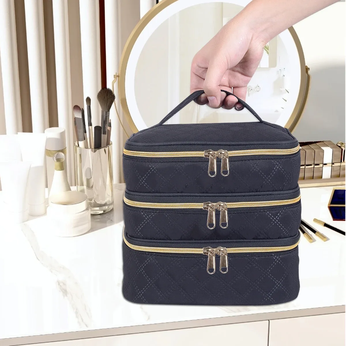 trousse de maquillage matelassurera à 3 couches, grande capacité, adaptée aux voyages et à la maison